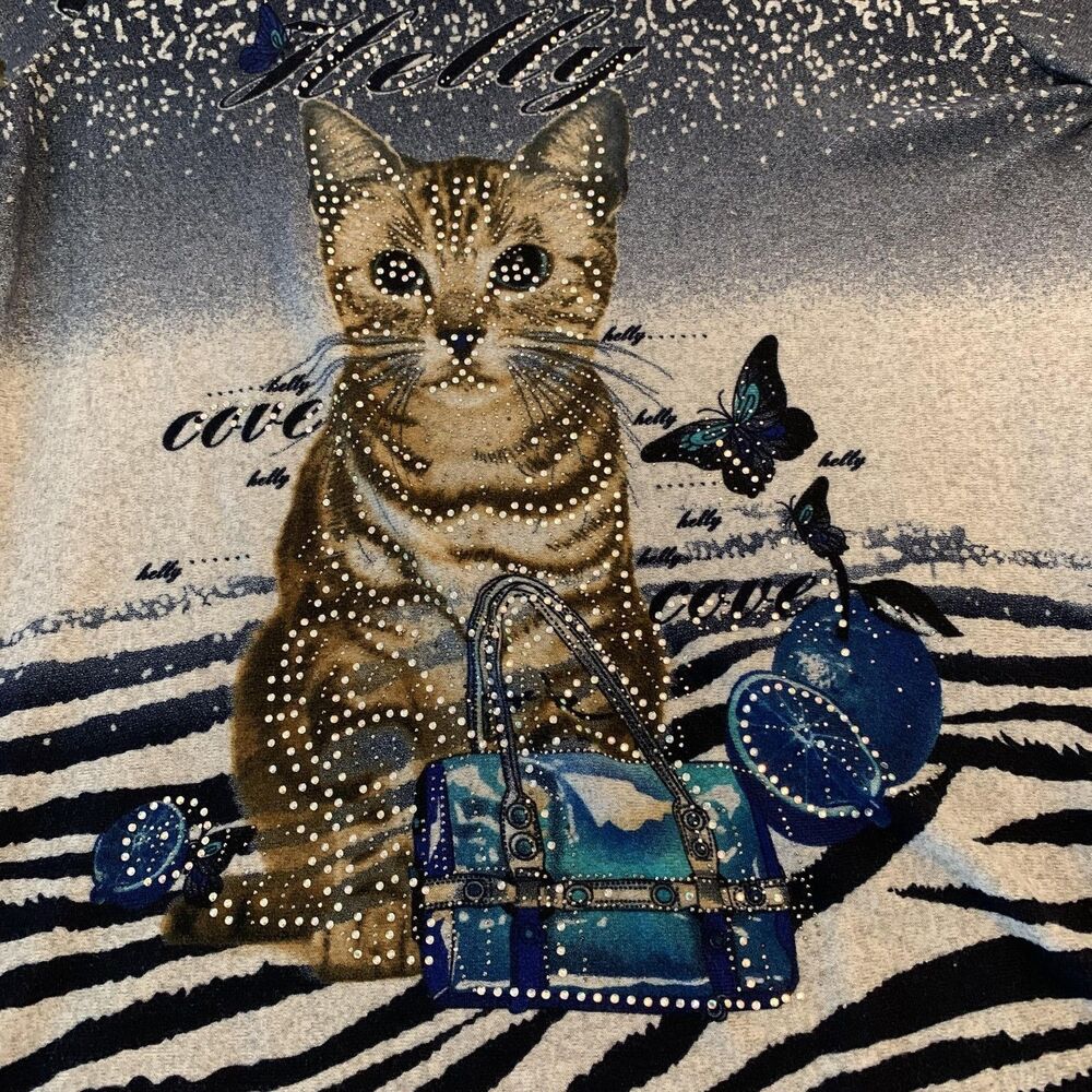 JVINI Shirt Womens Medium Blue Black Rhinestone‎ Cat Zebra Print Long Sleeve
